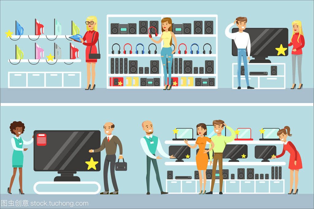 微笑購物 在電子商店中挑選國產設備與店員卡通助手